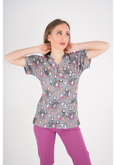 Unisex Pandex Desenli Doktor Hemşire Hastane Aşçı Mutfak Scrubs Tek Üst Üniforma Gri