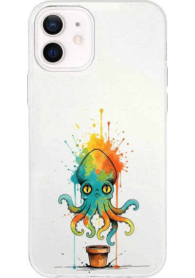 Apple Uyumlu iPhone 12 Mini İle  Splash Ahtapot Tasarımlı Şeffaf Silikon Kılıf 051a