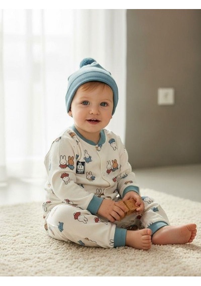 Zekids Erkek Bebek Pamuklu Tavşan Desenli Çıtçıtlı Pijama Takımı-16849 Çok Renkli
