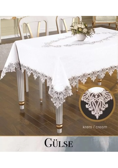 Gülse Model Krem 155x220 Cm Keten Dantelli Dekoratif Zarif Yemek Masası Örtüsü Sarı