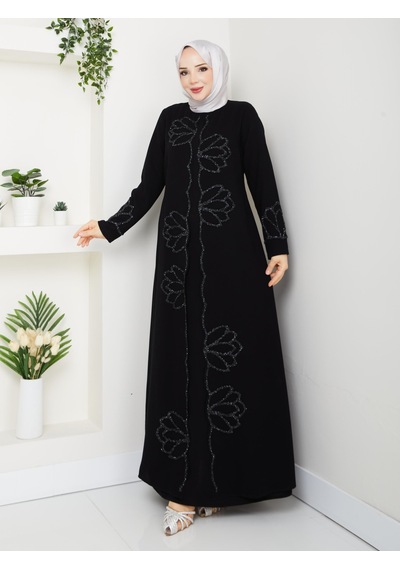 Eslemnur Lotus Çiçek Taşlı Büyük Beden Anne Elbisesi Siyah