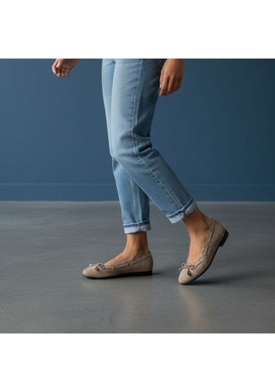 Ne&ve Shoes Vizon Süet Biye Detaylı Kapsüllü Kadın Yuvarlak Buunlu Günlük Babet Bej
