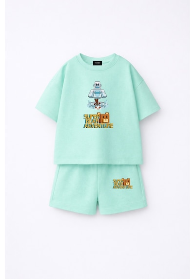 Fasardi Super Bear Adventure Süper Ayı Baskılı Oversize %100 Pamuk Kısa Kollu Unisex Çocuk T-shirt Su Yeşili