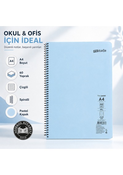 My Note Flex Pastel A4 60 Yaprak 60 Gr Spiralli Çizgili Defter Açık Mavi
