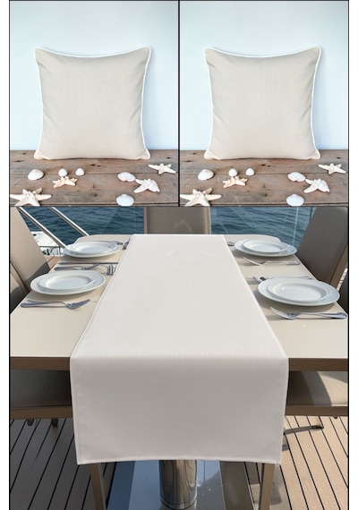 Marin Runner 145x40 Ve 2 Li 45x45 Kırlent Seti Su Geçirmez Outdoor Keten Tekne Bahçe Salon Ve Balkon Krem