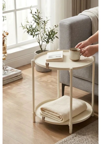 Çift Tepsili Katlanır Orta Yan Yuvarlak Sehpa Metal Ayak - Modern Sehpa 50cm 44 Cm Tepsi Deri Kulplu Krem