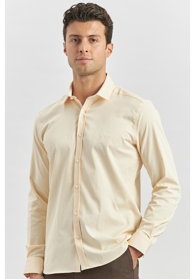 İmza Açık Bej Uzun Kol Düz Bez Ayağı 032 Sert Yaka Classic Slim Fit Gömlek 1004240334 Açık Bej