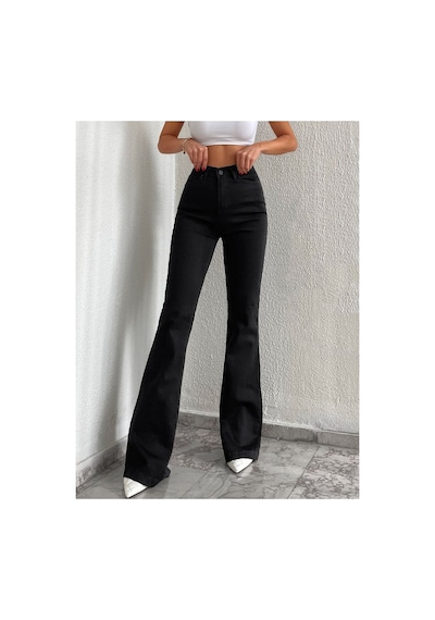 Kene Jeans Yüksek Bel Siyah Tam Kalıp Flare/ispanyol Paça Likralı Jeans Siyah