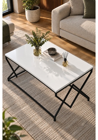 Sulorahome Beyaz Kare Orta Sehpa Siyah Metal Ayaklı