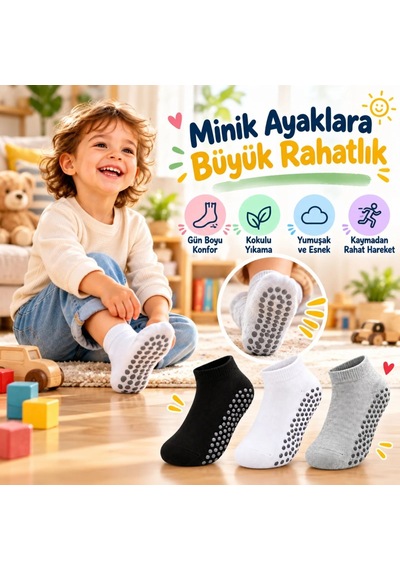 Woman And Kids Wak Çocuk Kaydırmaz Tabanlı Patik Çorap 3'lü Set Siyah Beyaz Gri Yumuşak Esnek Kokulu Günlük Çorap Rahat Çok Renkli