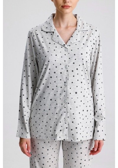 Yeni İnci Yıldız Desen Pamuk Kadın Pijama Takım Gri