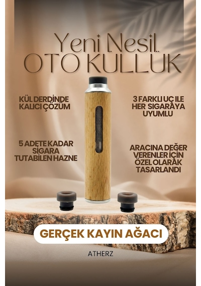 Lüks Kayın Ağacı Araç Sigara Tutucu. Portatif Duman Küllük, Kül Dökülmez. Şık Ve Dayanıklı Yapı Gri
