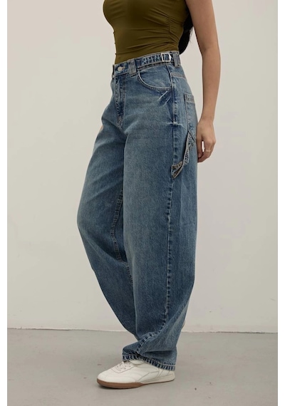 Tint Blue Premium Yıkamalı Kemerli Baggy Jeans Mide Blue Tint Blue Premium Yıkamalı Kemerli Baggy Jeans Mide Blue