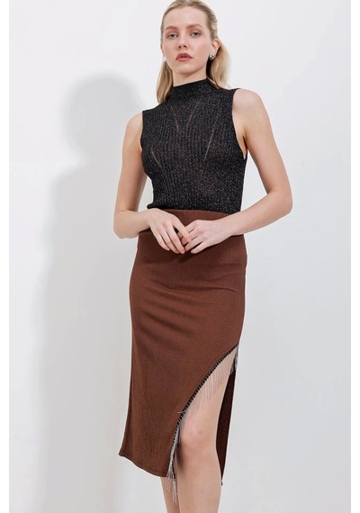 Defymoda 1890 Zincir Detaylı Etek - Kahverengi Kahverengi