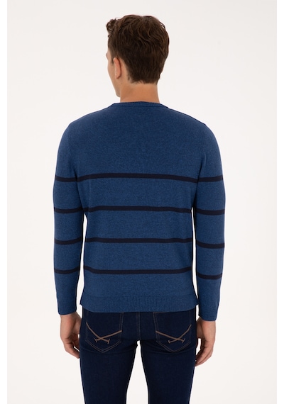U.S. Polo Assn. Erkek Slim Fit Bisiklet Yaka Çizgili Açık Lacivert Kazak 50314976-VR059