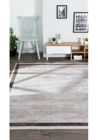 By Özer Halı Krem Renk Kahve Bordürlü Modern Karmen Halı Trend 04103a Salon Halısı Çok Renkli