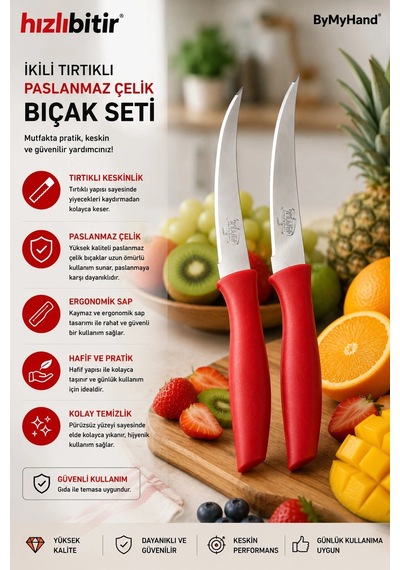 Bymyhand Paslanmaz Çelik Kırmızı Meyve Bıçağı Soyma Bıçağı Dilimleme Bıçağı 2'li Set