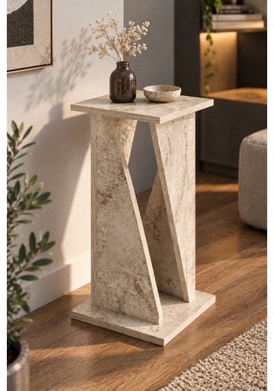 Sulorahome Modern Mermer Desenli Yan Sehpa 30x30x60 Cm