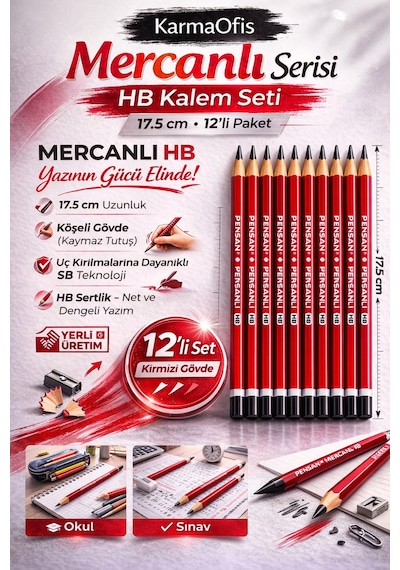 Mercanlı Hb Kurşun Kalem Kırmızı Tek Renk 12 Adet, Köşeli Gövde, 17.5 Cm Kırmızı 12li