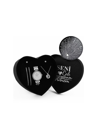 Anneler Gününe Özel Tasarım Kalp Kutu & 100 Dilde Seni Seviyorum Yuvarlak Kolye & İkili Zirkon Taşlı Bileklik & İkili Küpe & Metal Kordon Saat Seti