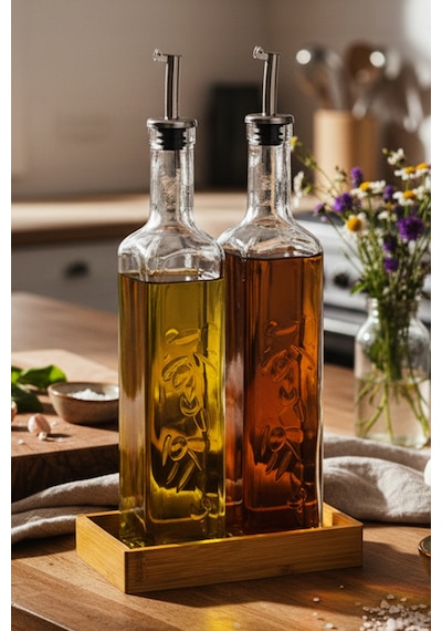 Lara - 2'li Bambu Standlı Cam Zeytinyağı Sıvıyağ Şişesi Yağdanlık Damlatmaz Yağlık Sirkelik 500ml