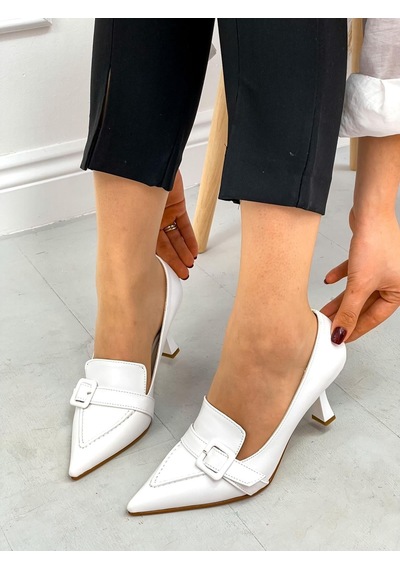 Ervanın Butiği Beyaz Cilt Kahlo Toka Detay Kadın Stiletto-3920