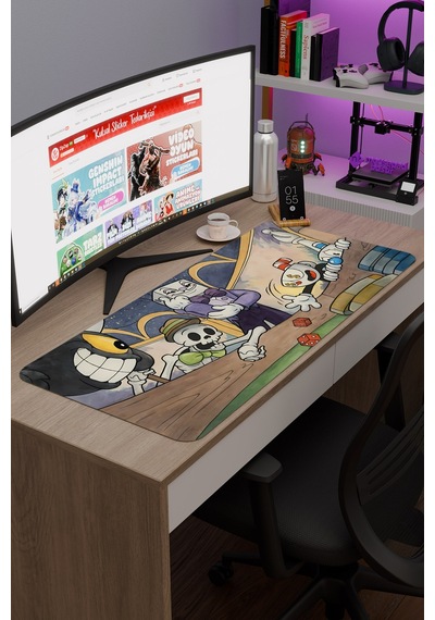 Cuphead Kaymaz Dikişli Kauçuk Oyuncu Mousepad V3 - 90x40 Xxl Gaming Mouse Pad Fare Altlığı