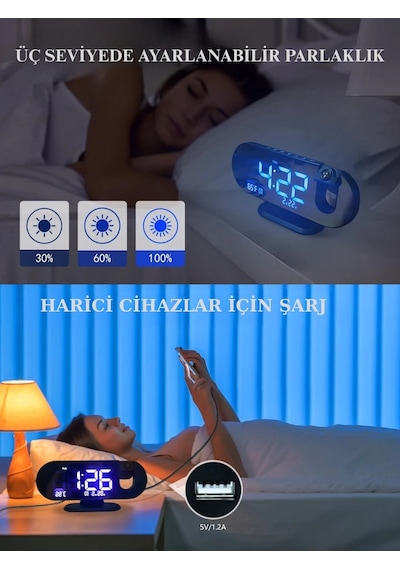 Çok Fonksiyonlu Led Projeksiyon Dijital Çift Alarmlı Saat Tarih