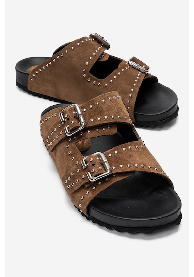 Luvi Shoes Avenelle Toprak Süet Hakiki Deri Çift Bantlı Zımbalı Kadın Terlik