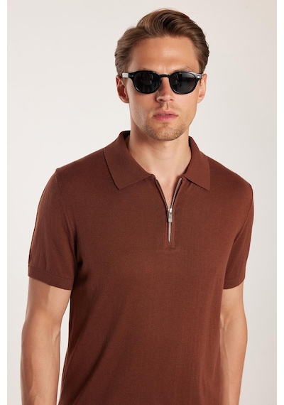 Tudors Erkek Slim Fit Dar Kesim Pamuklu Örme Triko Fermuarlı Kahverengi Polo Yaka Tişört-33747 Kahverengi