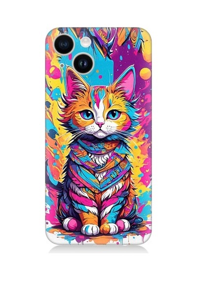 Apple Uyumlu iPhone 14 Renkli Sevimli Kedi Desenli Silikon Kılıf