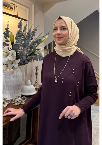 Rabia Şamlı Melda Triko Tunik Mürdüm Çok Renkli