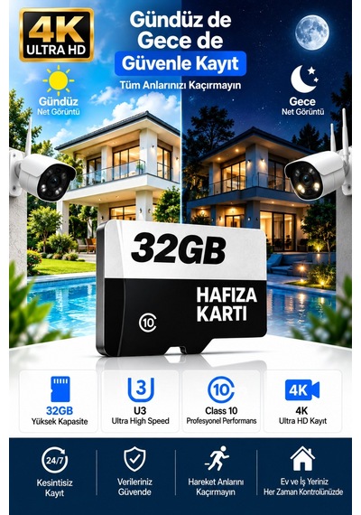32 Gb Hafıza Kartı Faster Transfer Speed Class 10 4k Video Kayıt Güvenlik Kamera Uyumlu