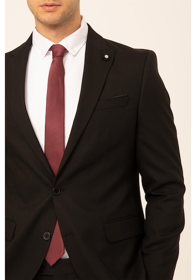 Süvari Siyah Slim Fit Düz Sivri Yaka 6 Drop Klasik Takım Elbise