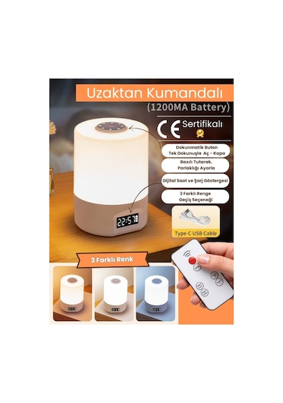 Gece Lambası Şarjlı Led Masa Lambası Uzaktan Kumandalı Dijital Saatli Beyaz Beyaz