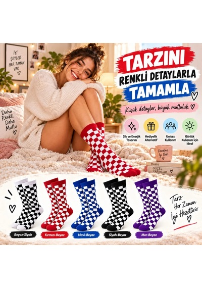 Storeşahin Unisex Çorap Dama Desenli Renkli 10'lu Set Kareli Uzun Soket Günlük Spor Eğlenceli Rahat Çorap Seti Shn0720 Çok  Renkli