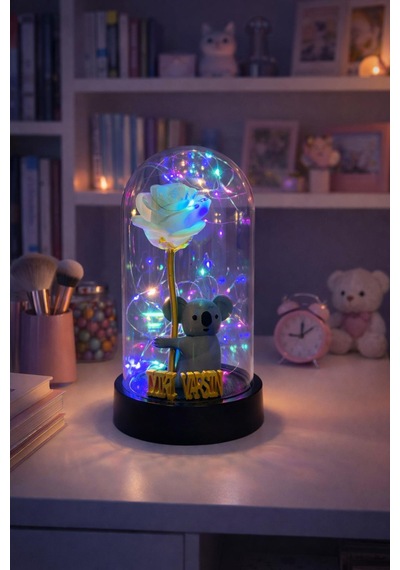 Fanus İçinde Koala Ve Gül Figürlü İyi Ki Varsın Yazılı Peri Led Yıl Dönümü, Doğum Günü Hediyesi Gold Gri