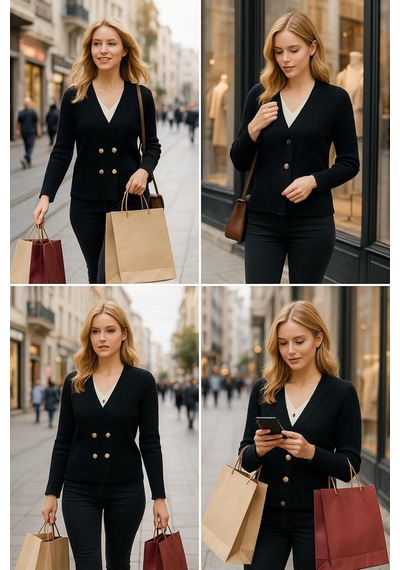 Hira Life Fashion Kadın Gold Düğmeli V Yaka Fitili Kolu Şerit Detaylı Kazak-hırka Siyah Siyah Hira Life Fashion Kadın Gold Düğmeli V Yaka Fitili Kolu Şerit Detaylı Kazak-hırka Siyah Siyah