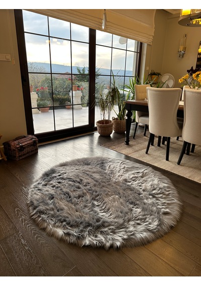 A Post Gri Yumuşak Dokulu Peluş Halı Yuvarlak