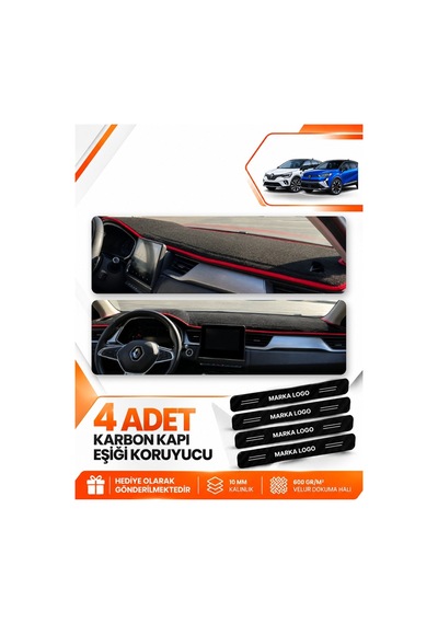 Renault Captur 2 2019-2024 Uyumlu Ön Torpido Koruma Kılıfı Halısı Örtüsü - Siyah Kırmızı