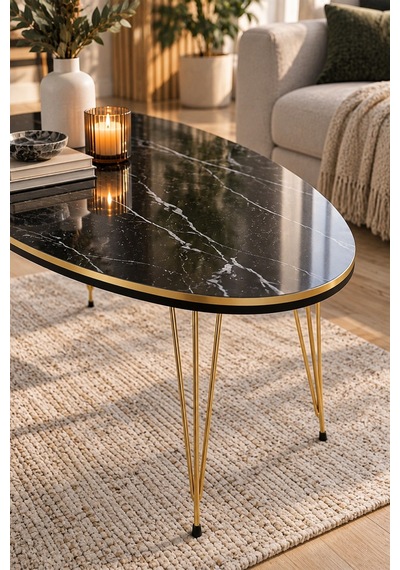 Sulorahome Oval Mermer Desenli Siyah Orta Sehpa Gold Metal Ayaklı