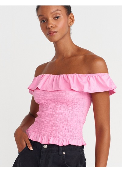 Dilvin 31902 Omuzları Açık Fırfırlı Top-pembe Pembe