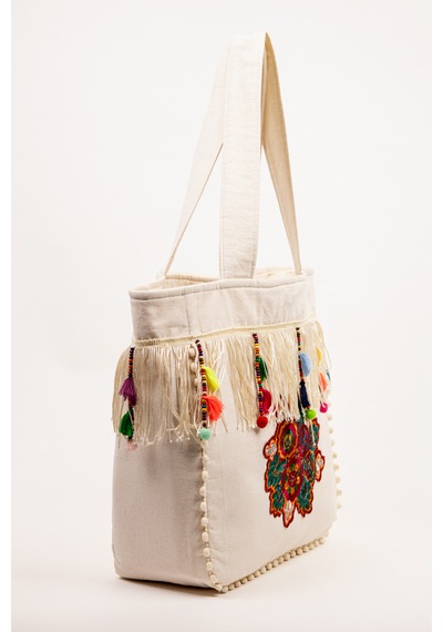Fabric Craft Bag Omuz Çantası Bohem Nakışlı Krem Püsküllü Günlük Kadın Çanta