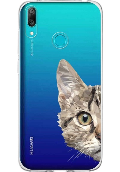 Huawei Y7 2019 Uyumlu Kapak Catface Tasarımlı Şeffaf Silikon Kılıf Şeffaf