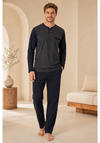 Loule Erkek Lacivert Jakarlı Yazlık Kışlık Pijama Takımı 4 Parça