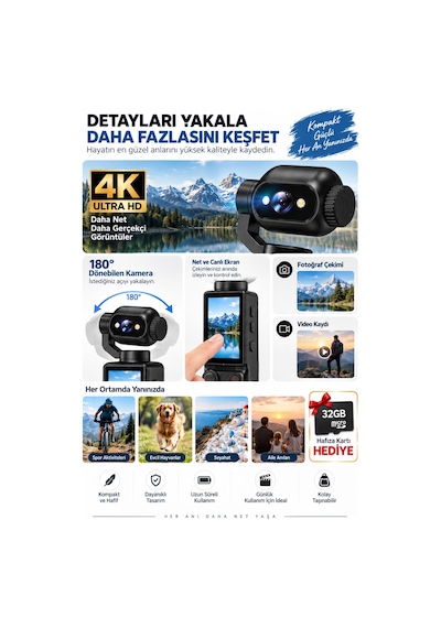 4k Ultra Hd Aksiyon Kamerası 180 Dönen Lens Spor Seyahat Vlog Ve Günlük Kullanım Kamerası Siyah