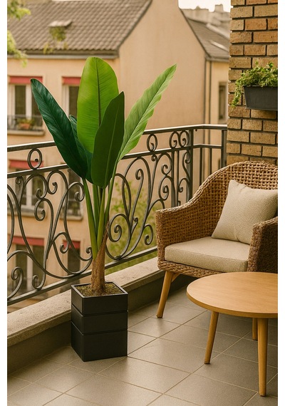 Balkon İçin Muz Ağacı Gerçek Yaprak Görünüm Yapay Ağaç 130 Cm Doğal Ahşap Saksılı Standart
