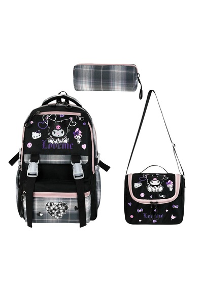 Kuromi Desenli Ekoseli Okul Çantası Folyolu Beslenme Ve Kalemlik Siyah