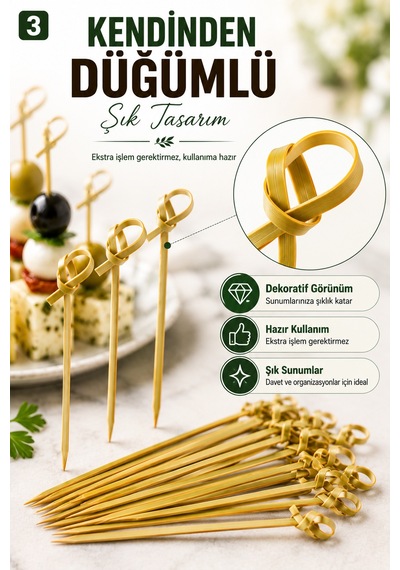 50 Adet Düğümlü Bambu Kürdan 12 Cm Kokteyl Parti Davet Aperatif Sunum Kürdanı 50'li Set Paket