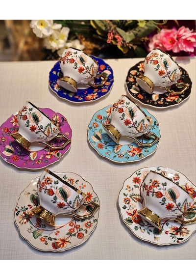 6'lı Porselen Flora Gold Mix Kahve Fincanı -4911 Çok Renkli